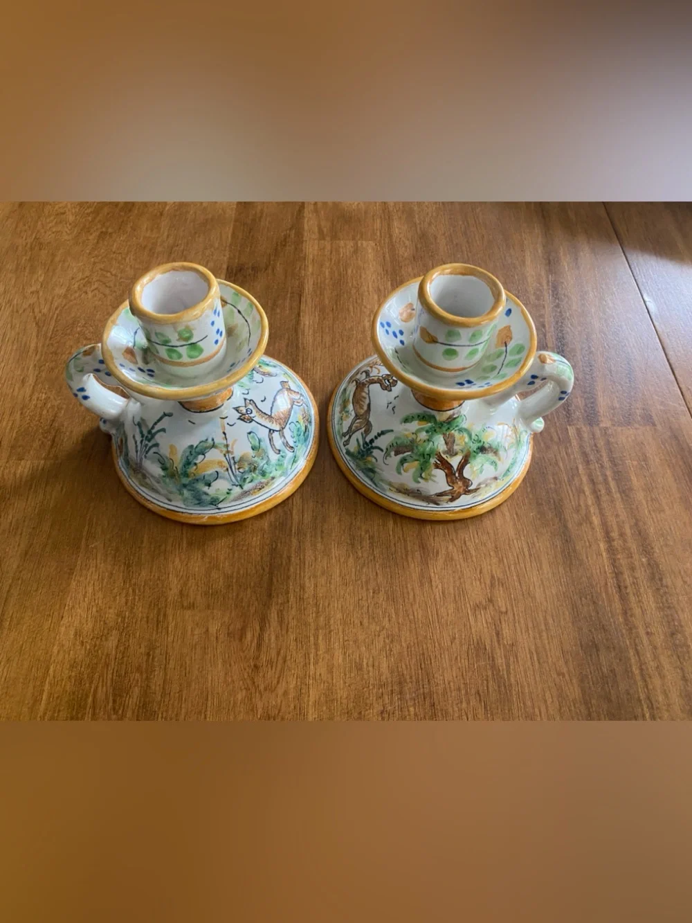 Vintage Vicente Gimeno Spanish Majolica Candle Holder Pair Signed VG Espana Deer